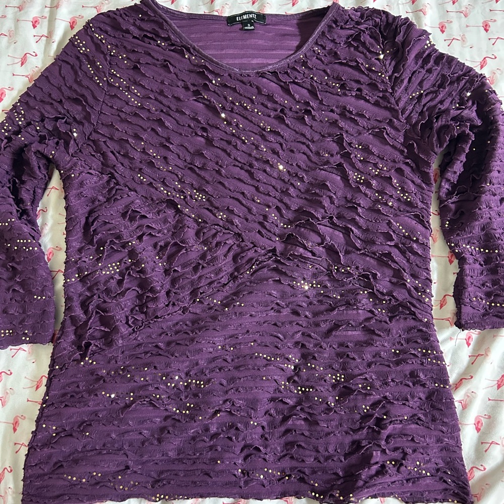 Y2K purple long sleeve ruffled top with gold sequins #glamour